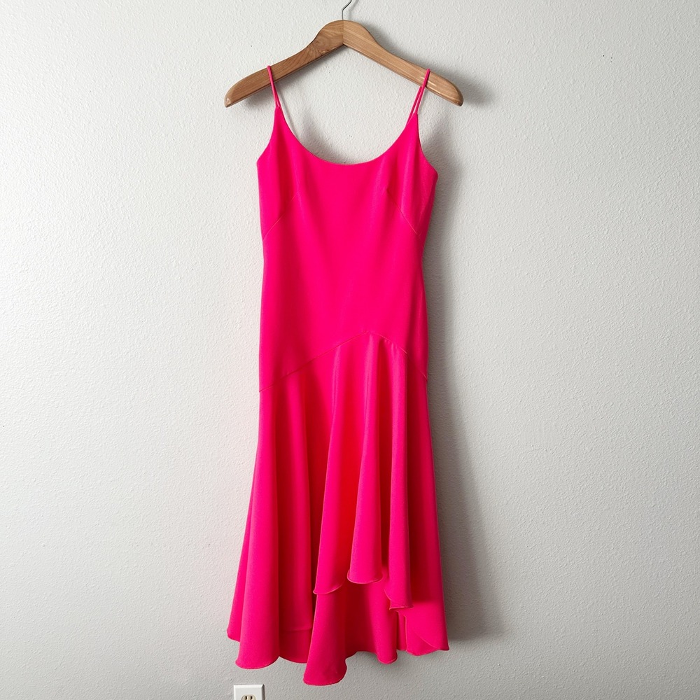 THEIA Hot Pink Spaghetti Strap High-Low Flowy Hem Midi Dress Size 2